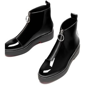 black ring pull zip front patent ankle boot